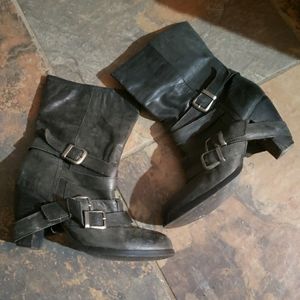Steve Madden black leather boots with straps and buckles
